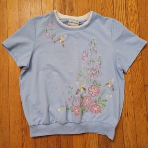 Alfred Dunner Blue Hummingbird Butterfly Embroidered Sweatshirt‎ PM Short Sleeve